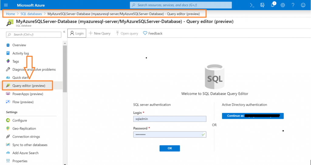 Azure SQL Query Editor
