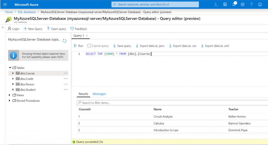 Microsoft Azure SQL Query Editor
