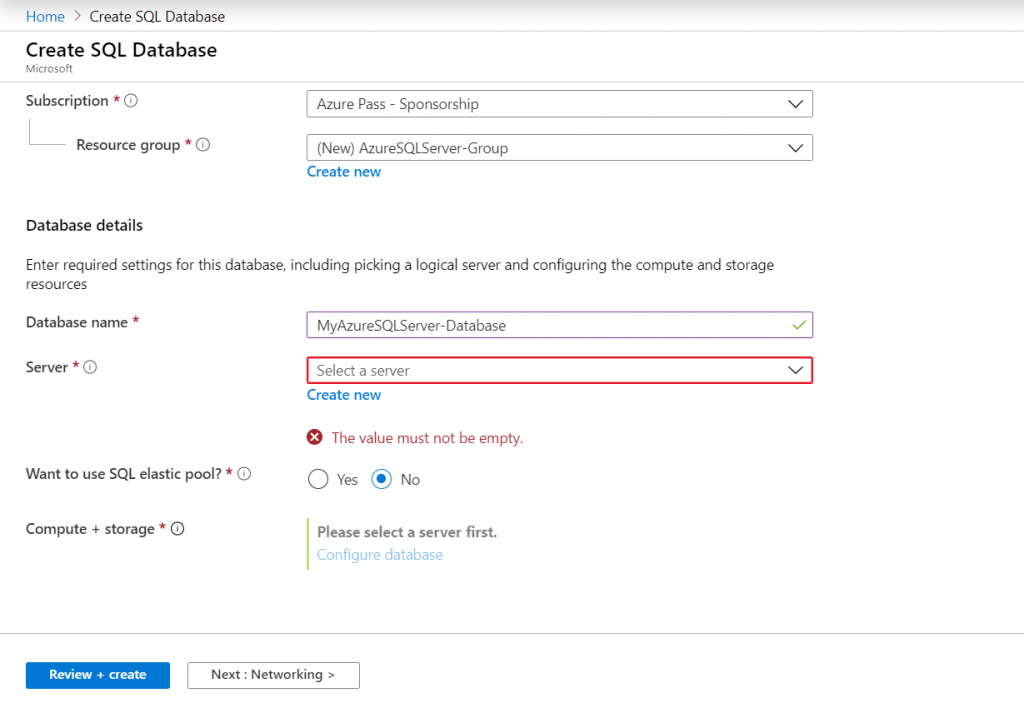 Microsoft Azure - SQL Server Database Name