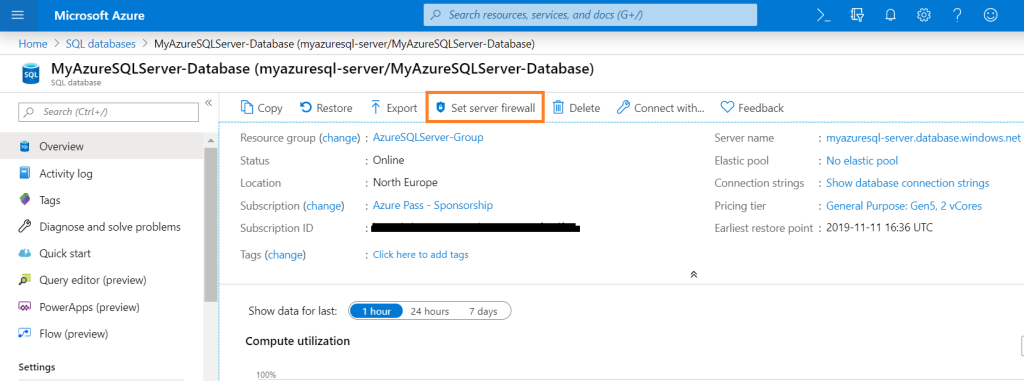 Set Server Firewall for Azure Database